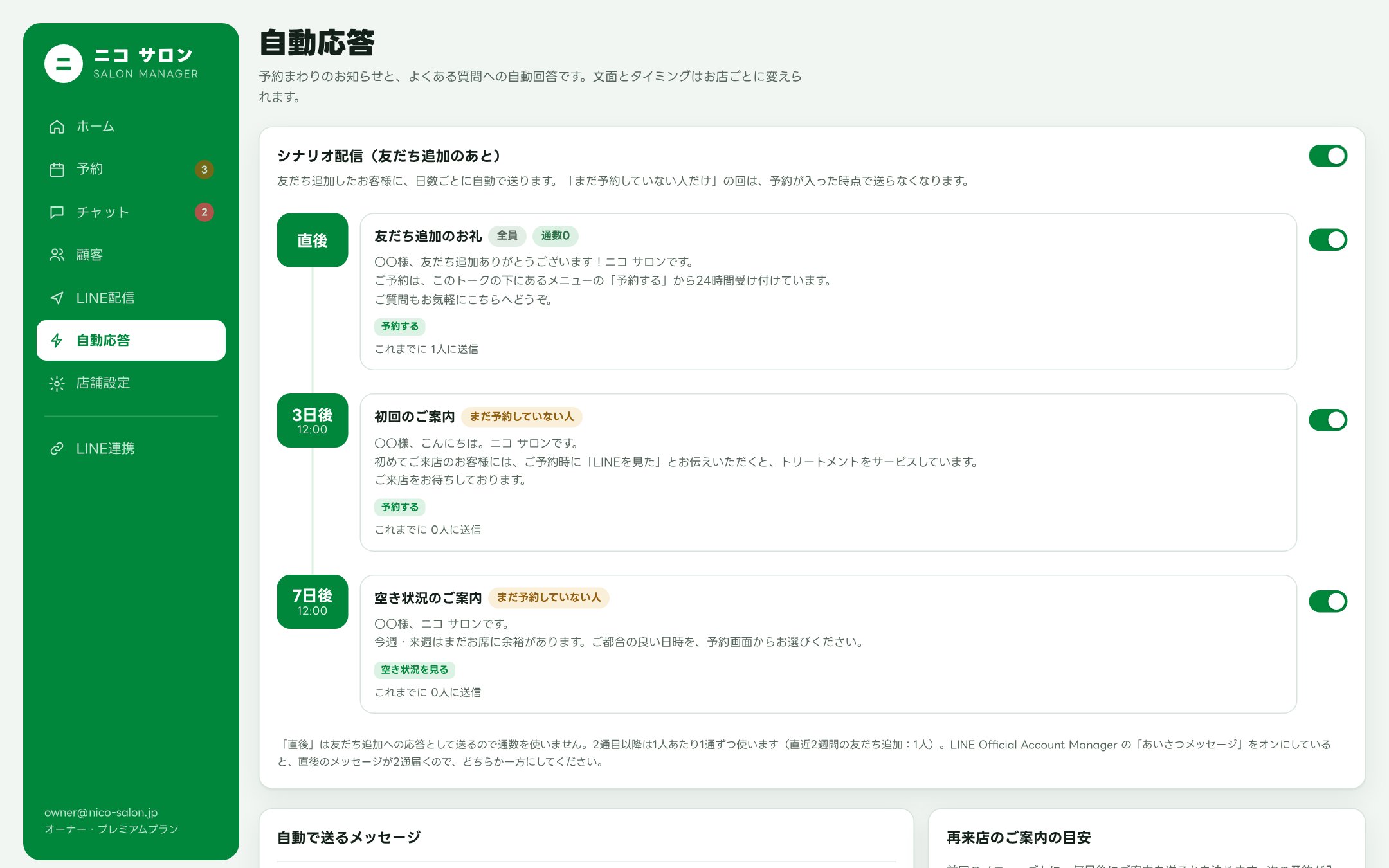 自動応答の画面。友だち追加の直後、3日後、7日後に送るシナリオ配信